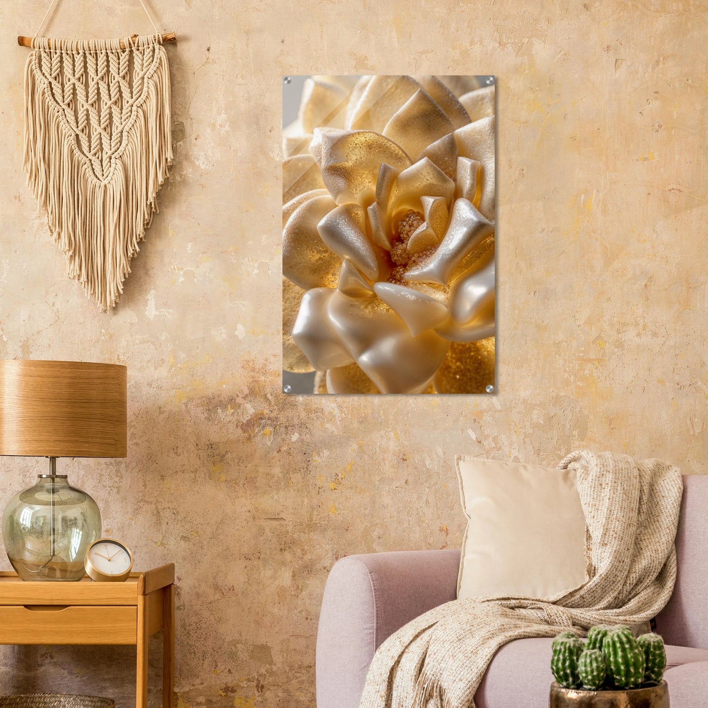 Decorative wall art piece on a beige wall above a sofa with a lamp and small table.