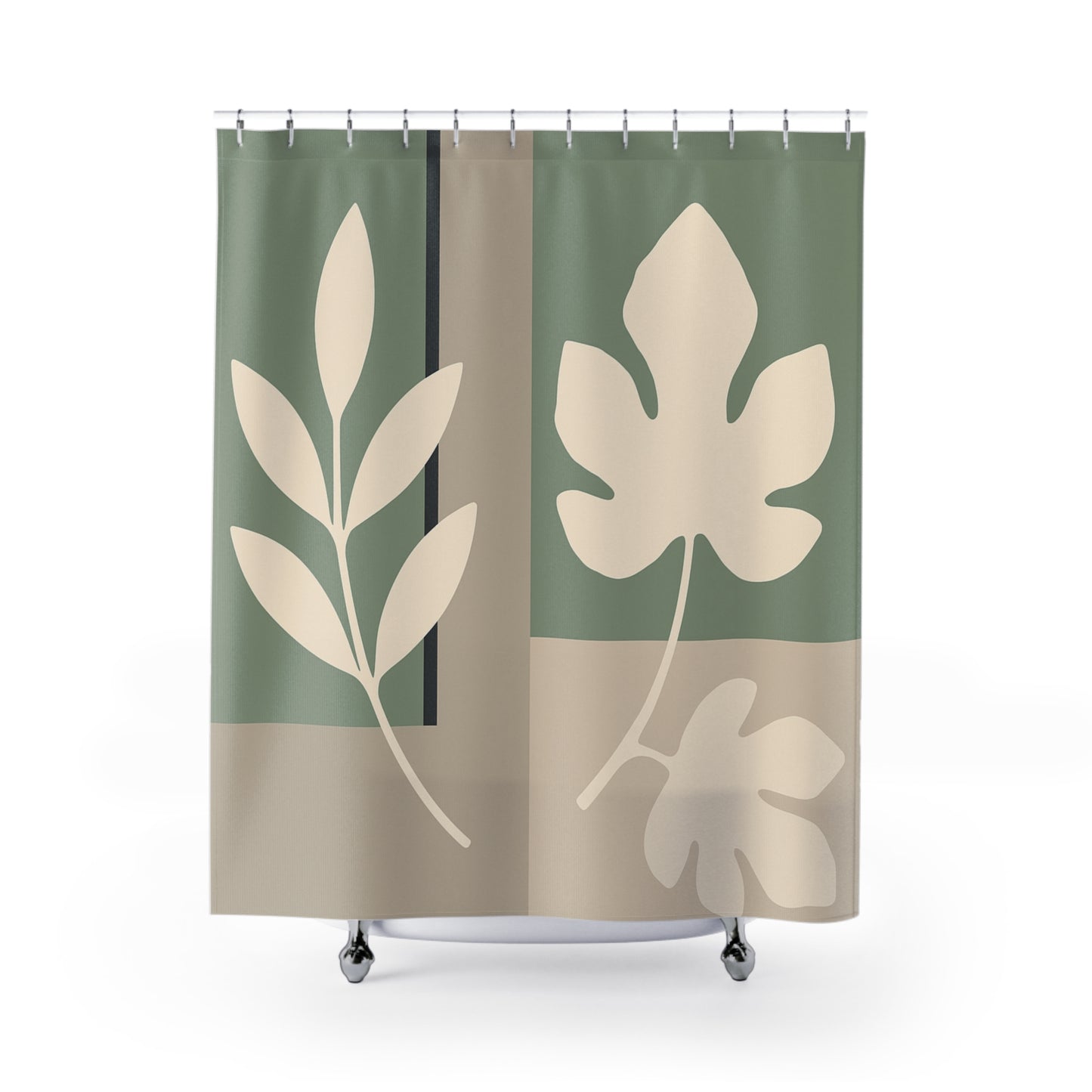 Shower curtain with leaf pattern on a white background