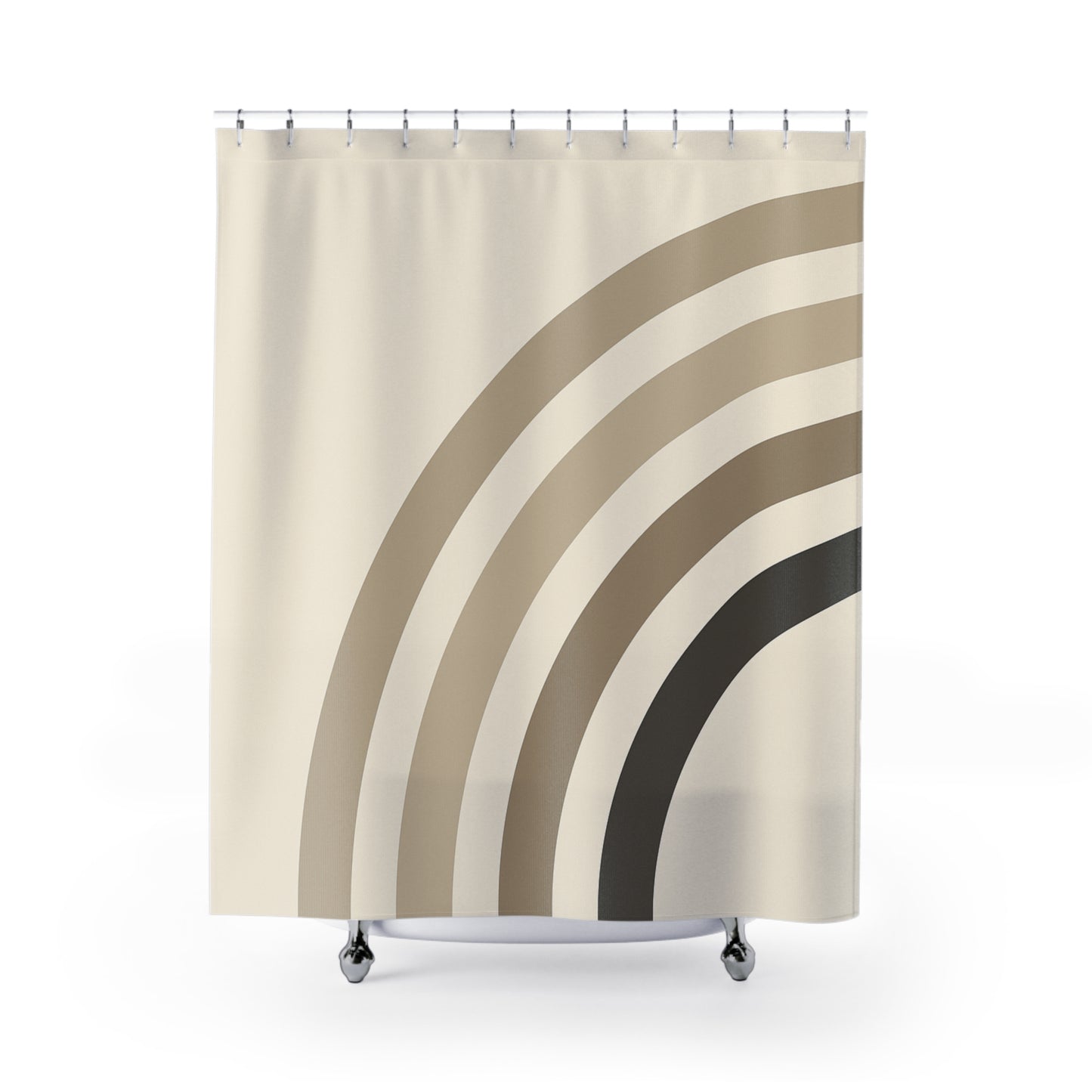 Shower curtain with wavy beige and brown pattern on a white background