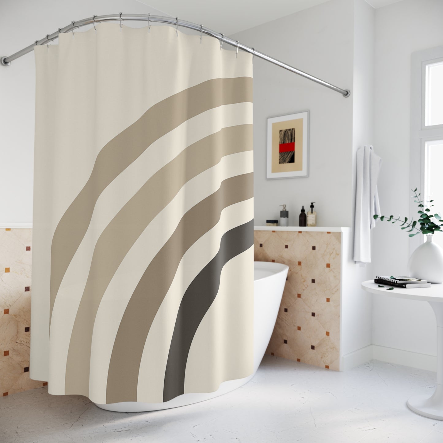 Shower curtain with wavy pattern in a bathroom setting