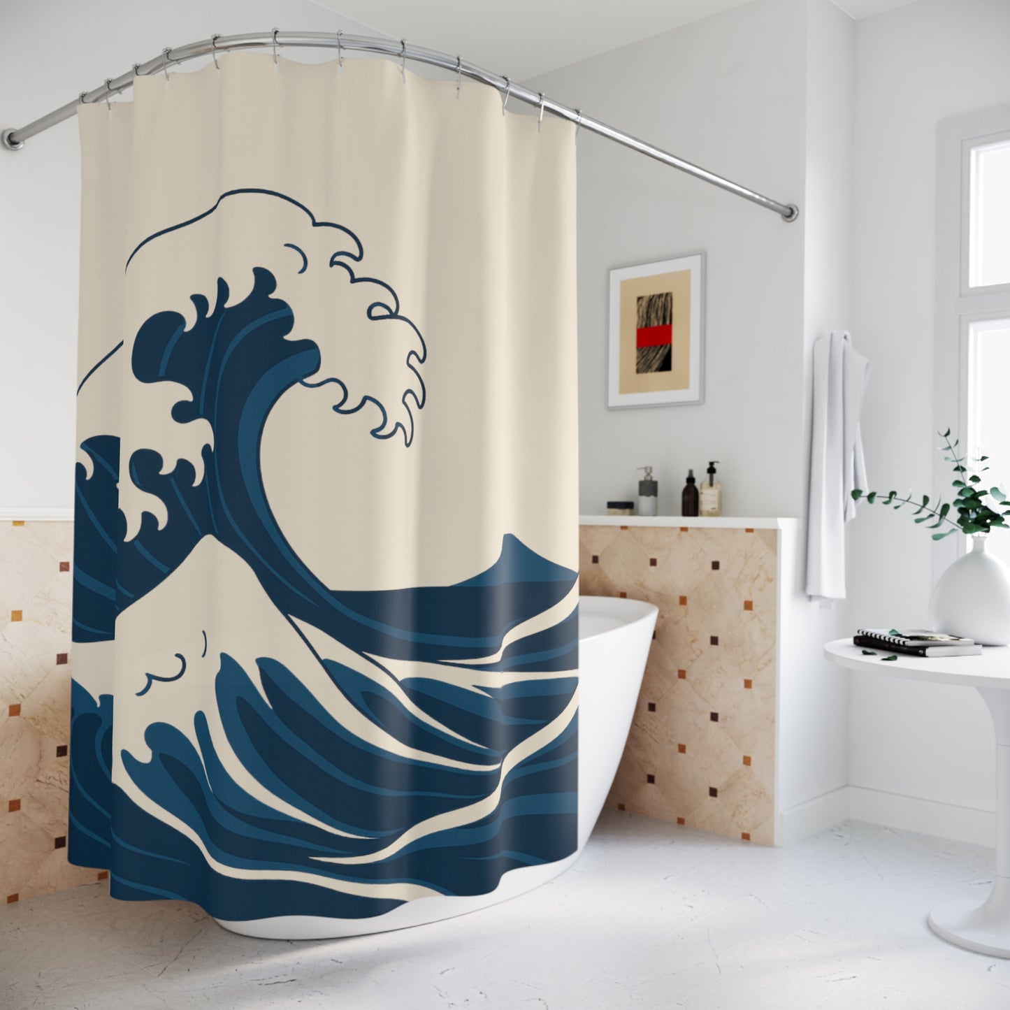 Shower curtain with wave design in a bathroom setting