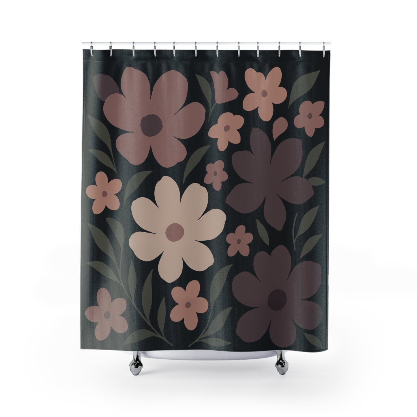 Floral shower curtain with pink and purple flowers on a black background