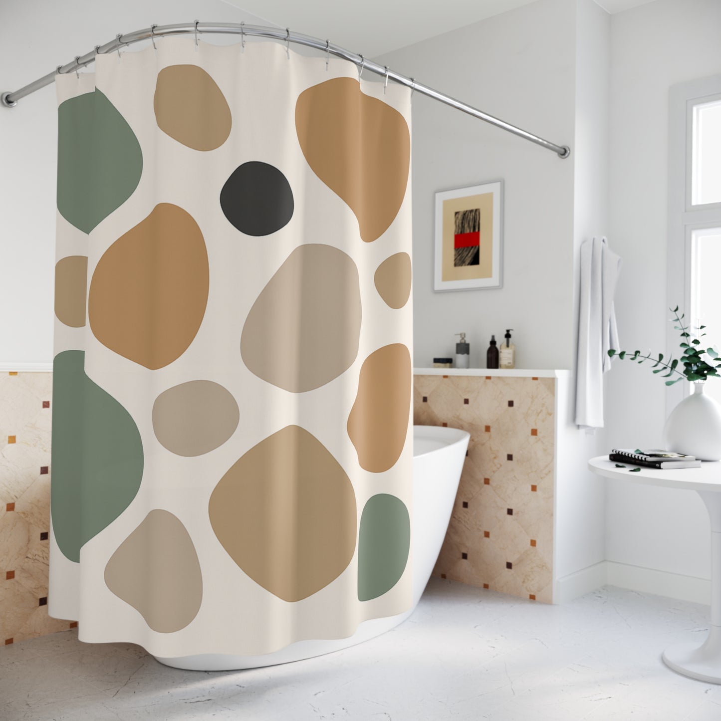 Shower curtain with abstract leaf pattern in a bathroom setting