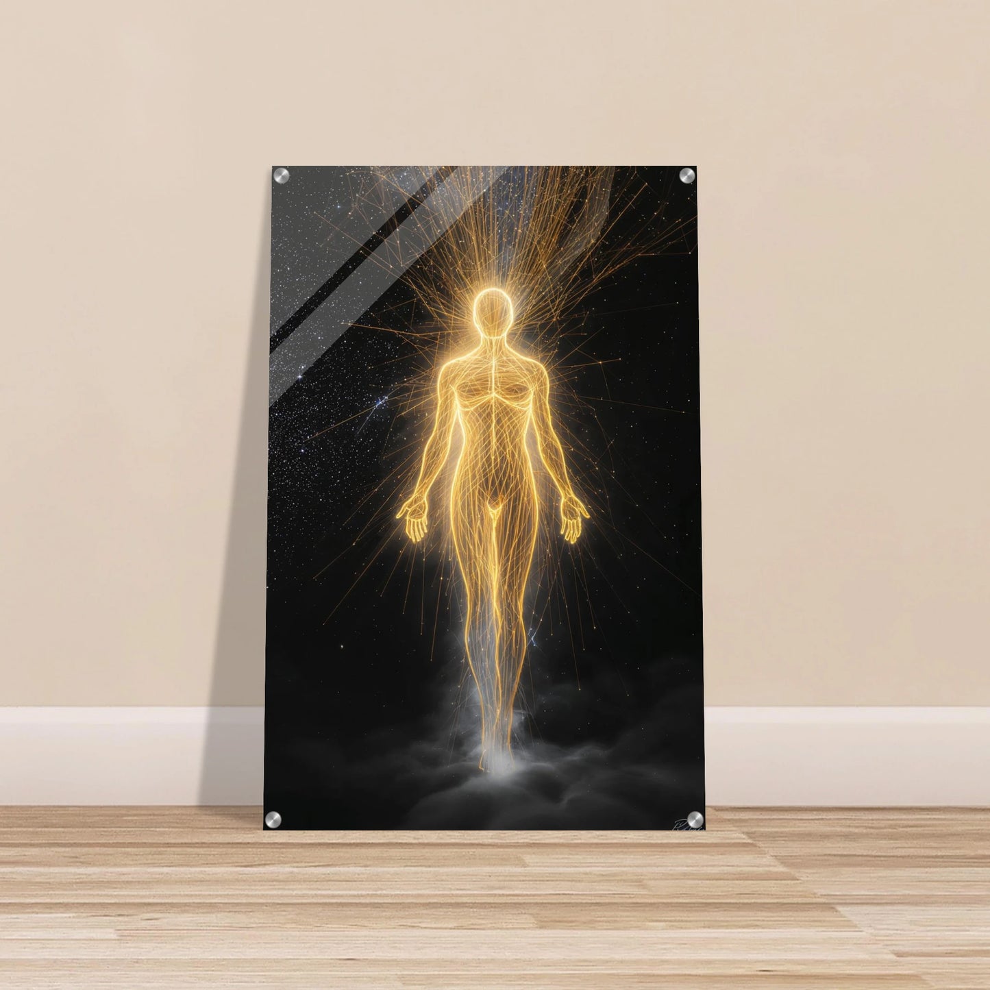 Futuristic human figure with energy fields on a black background, mounted on a wall.