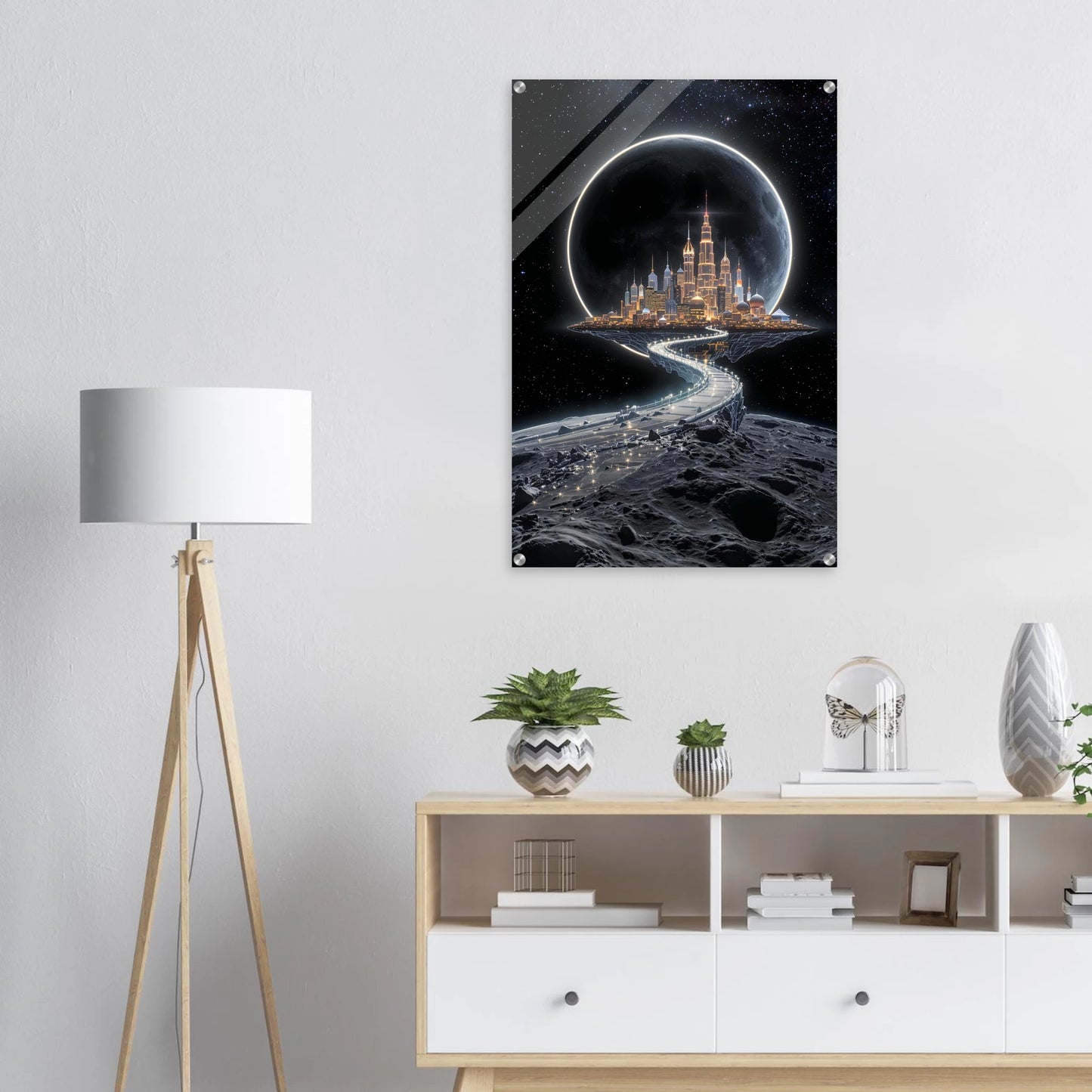 Futuristic cityscape on a moon surface with a black frame in a modern interior setting.