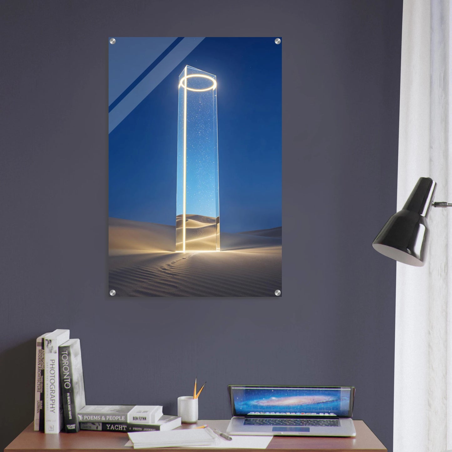 Modern wall art of a futuristic sculpture in a desert setting on a dark blue wall.