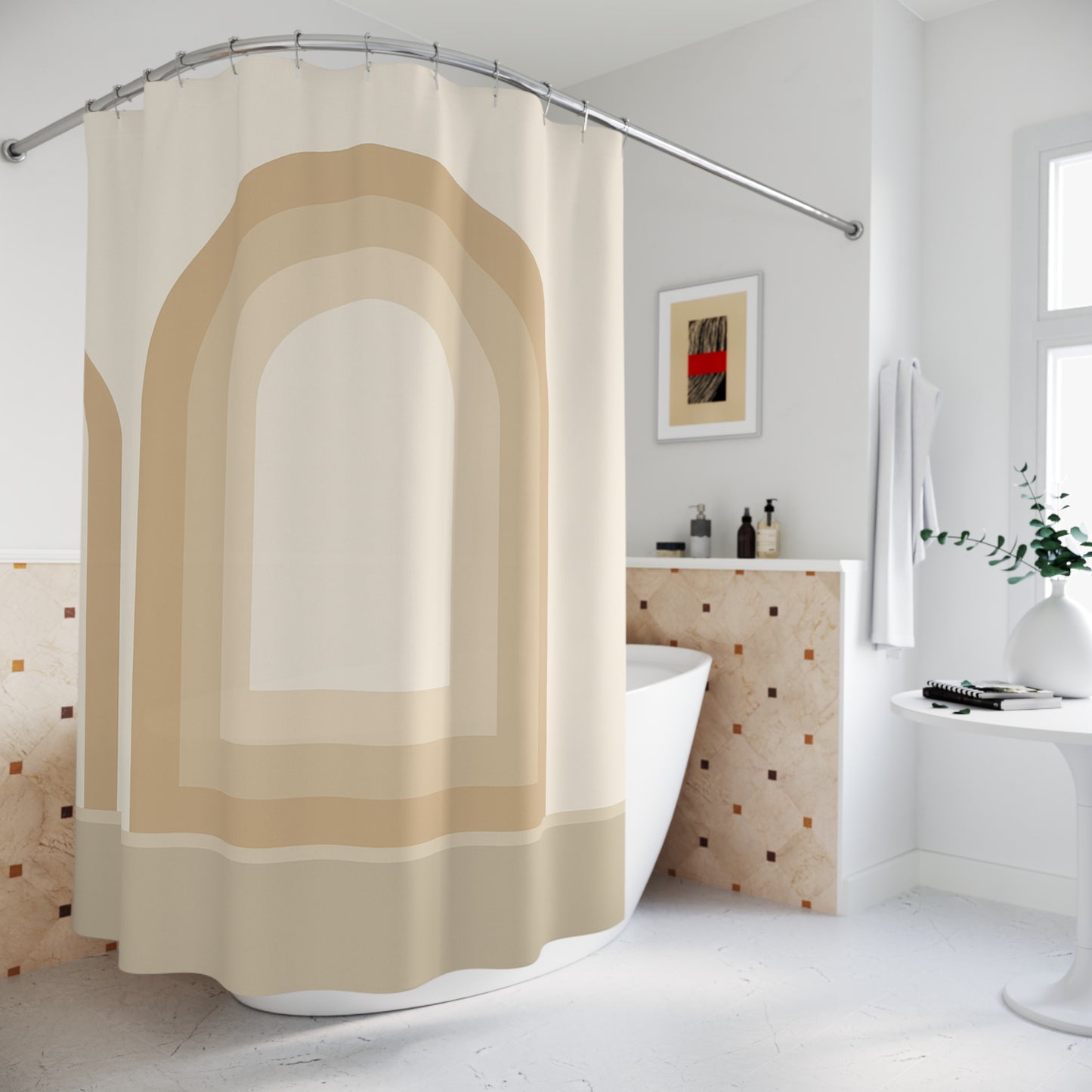 Beige shower curtain with arch design in a bathroom setting