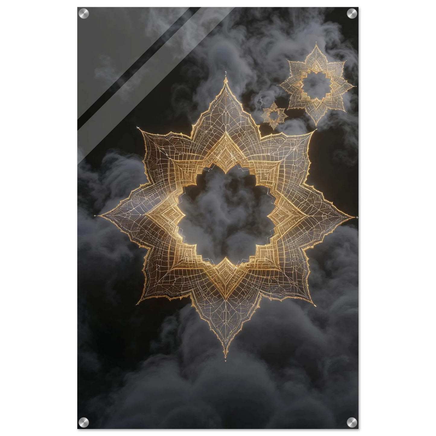 Decorative wall art with gold leaf design on a black background