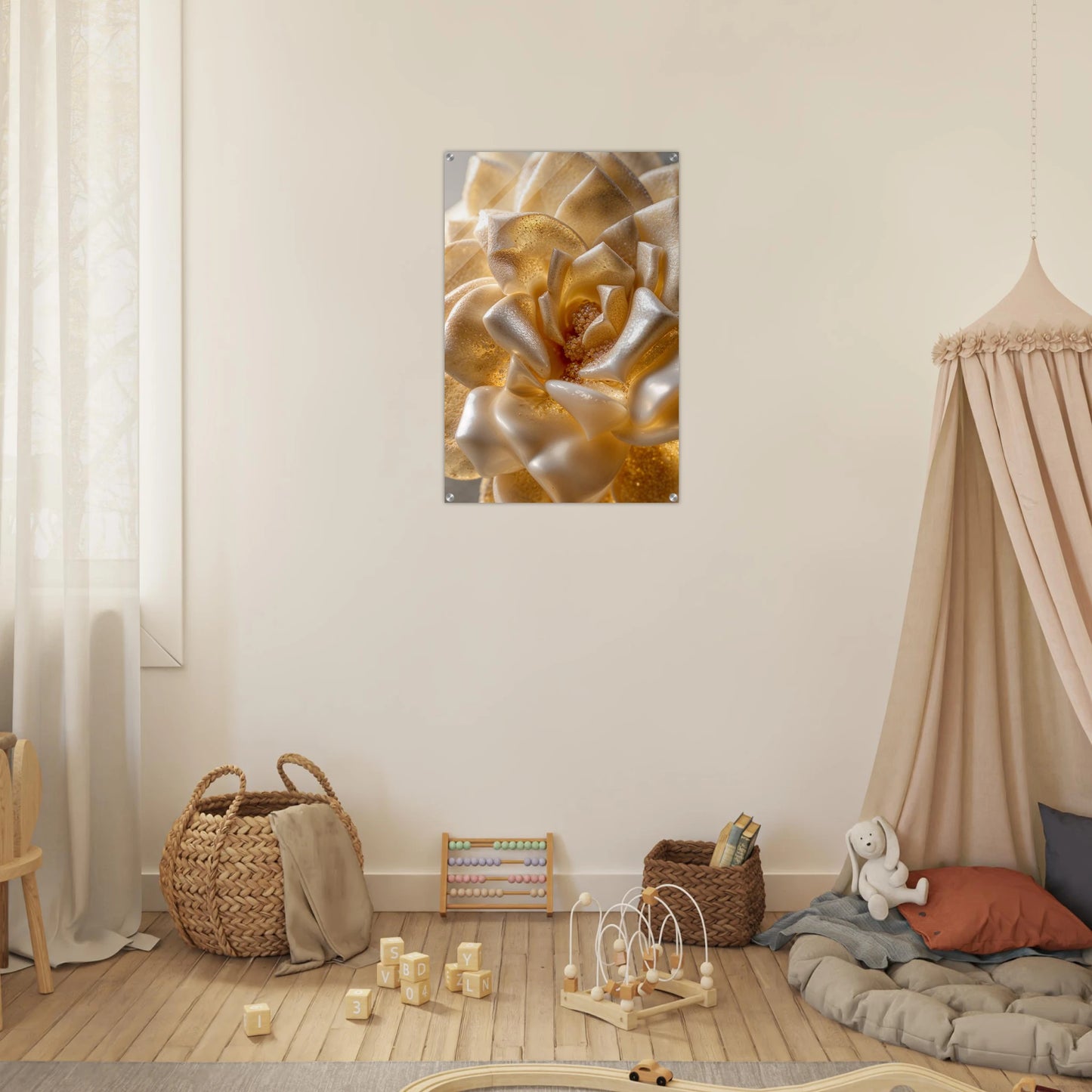 Children's room with a floral painting on the wall, toys on the floor, and a crib.