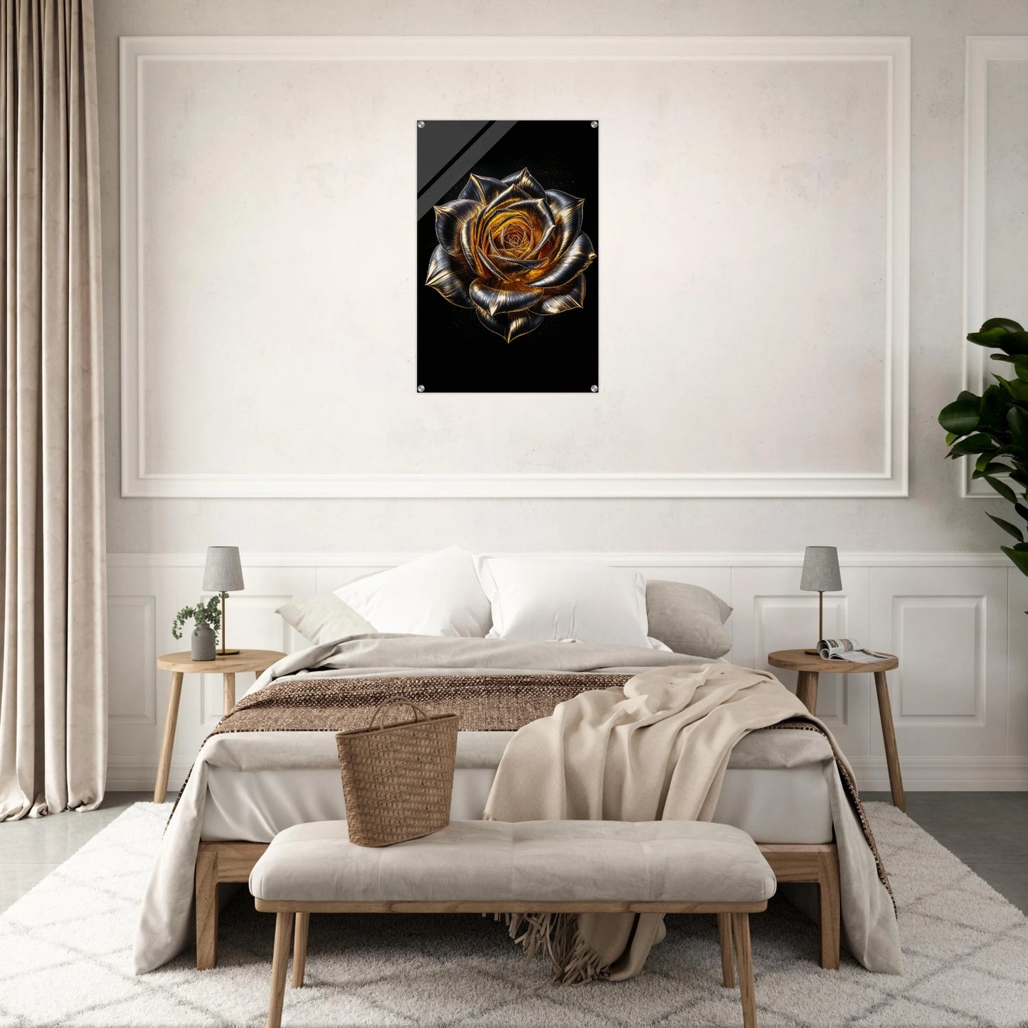 Decorative wall art of a rose on a bedroom wall