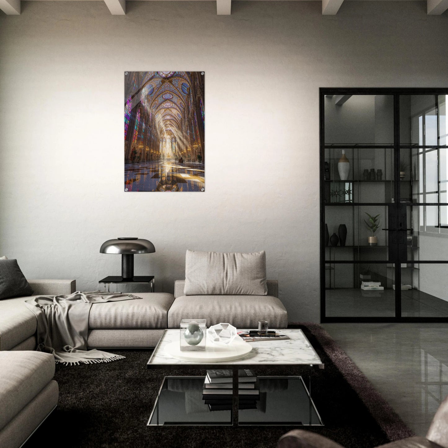 Modern living room with a large painting on the wall, a sofa, and a coffee table.