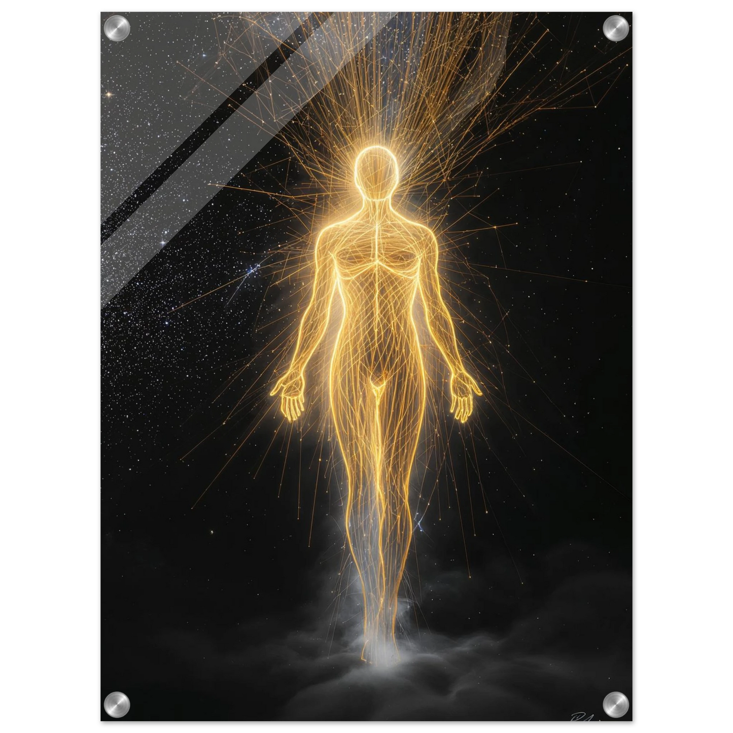 Artistic depiction of a human figure with energy lines on a dark background