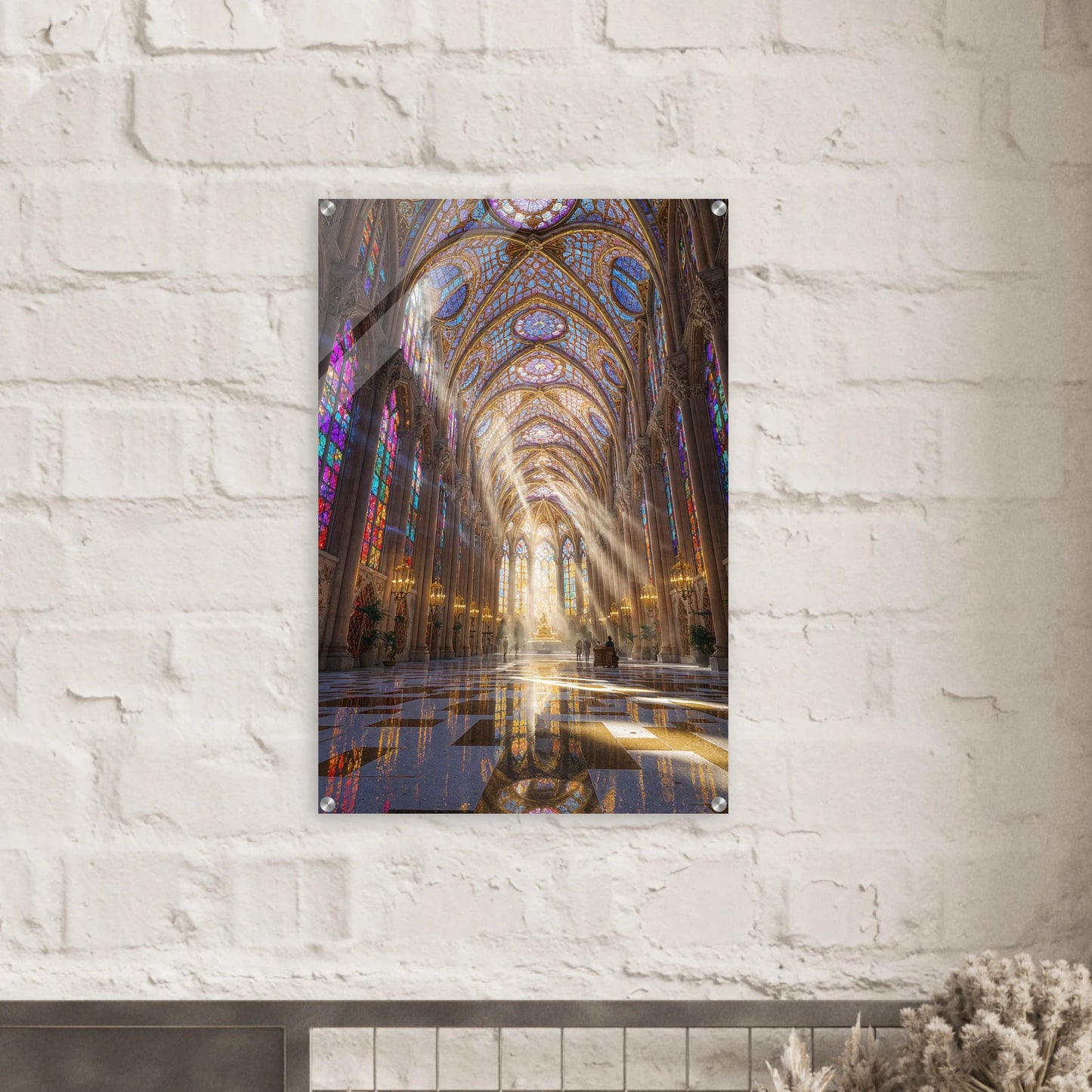 Stained glass cathedral interior on a wall