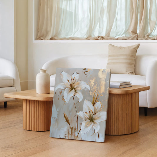 White Lilies with Gold Accents Canvas Wall Art - Modern Floral Elegance