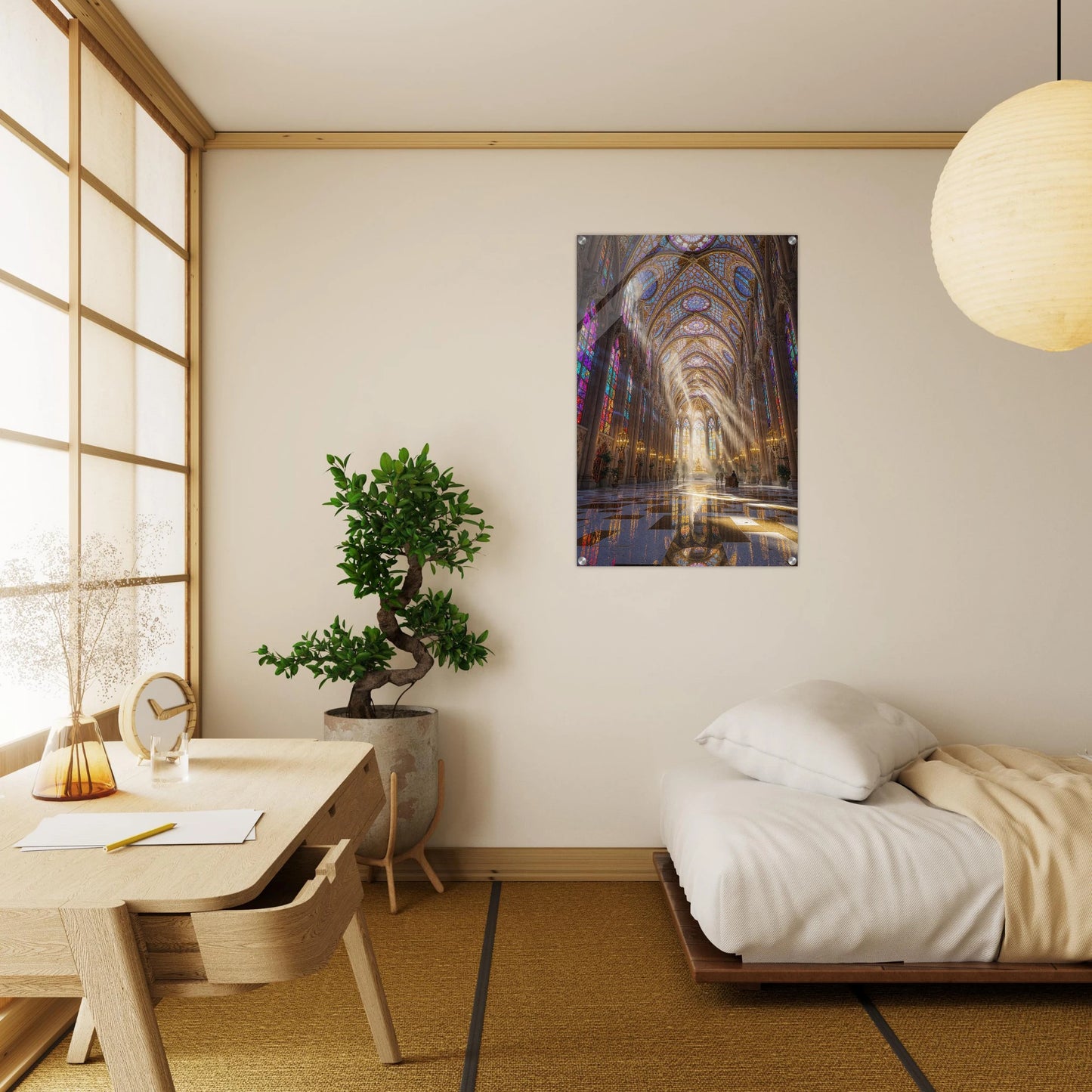 Modern bedroom with a desk, plant, and wall art of a cathedral.