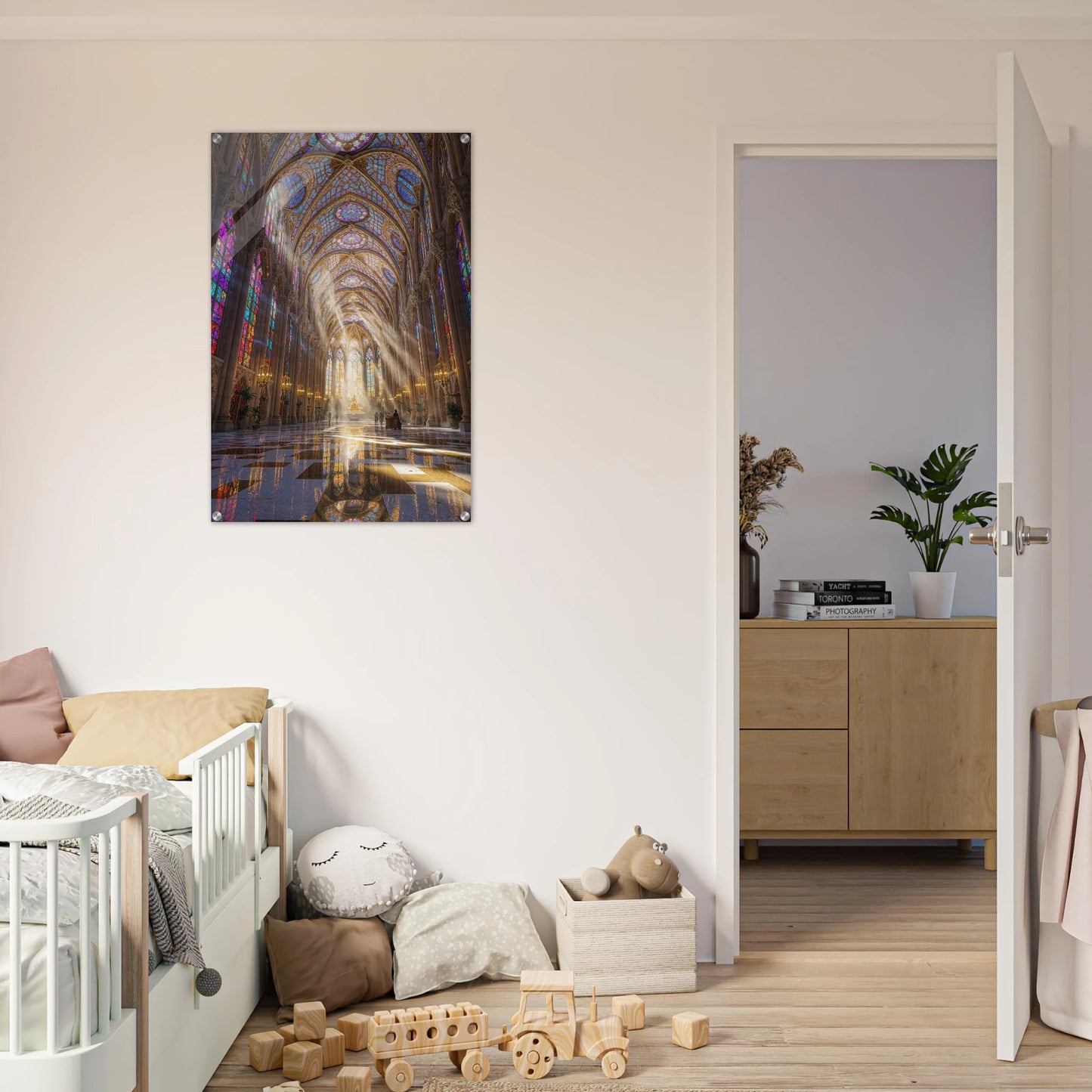 Children's room with a large wall art of a cathedral interior, wooden toys, and a crib.