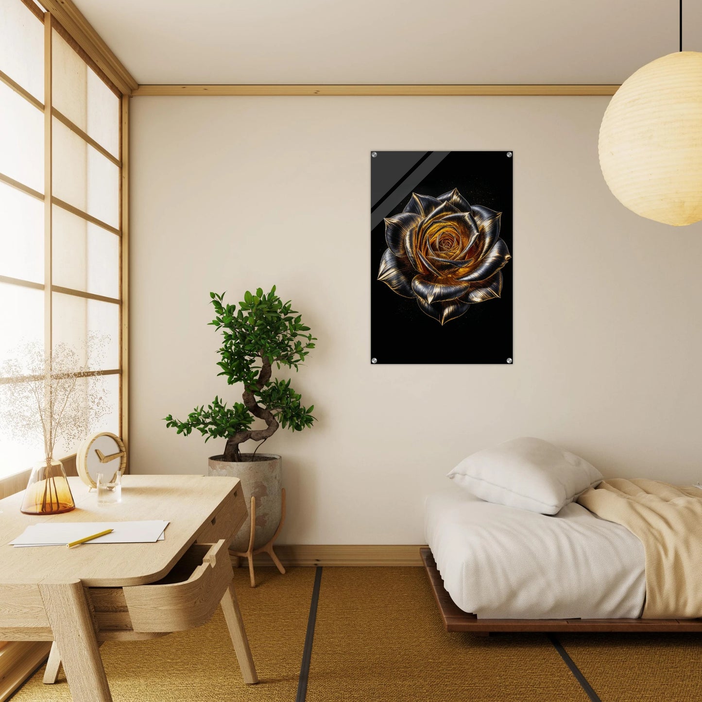 Modern bedroom with a desk, plant, and wall art of a rose.