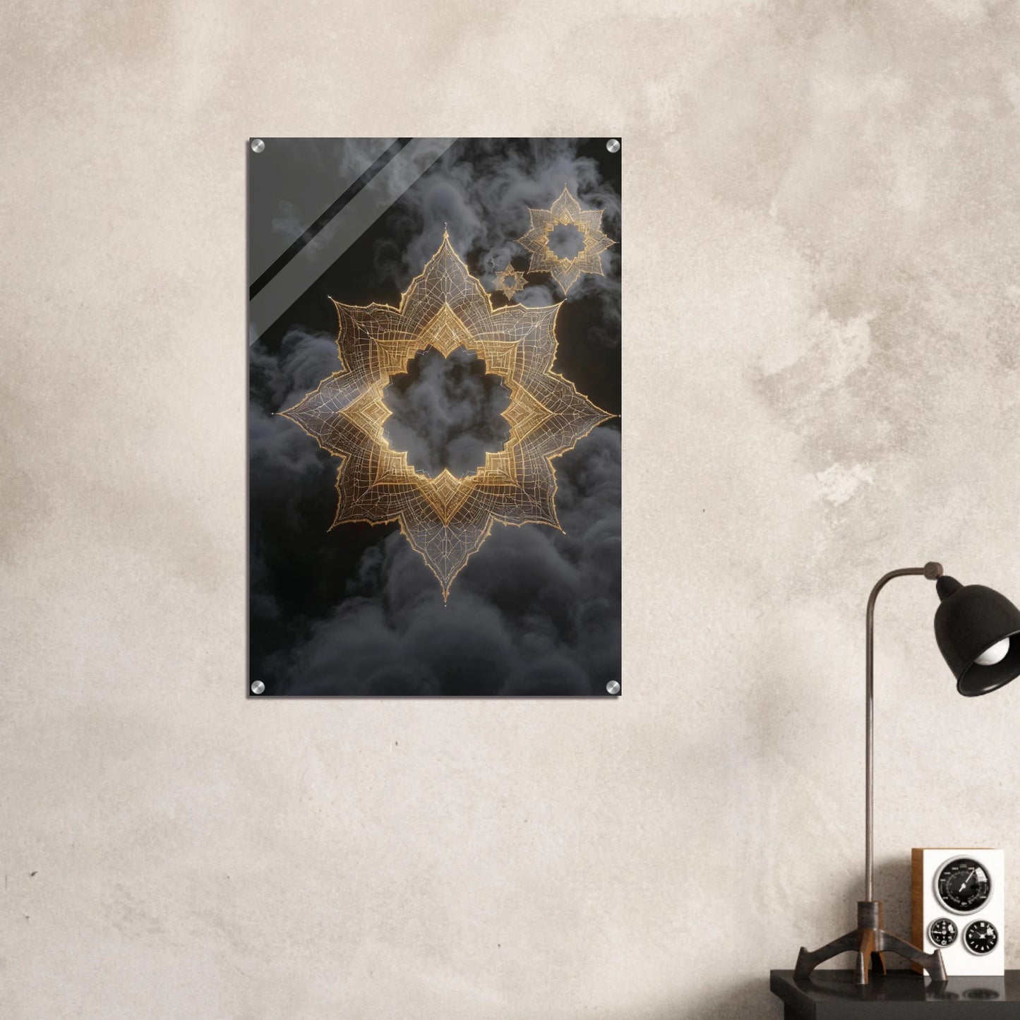 Decorative wall art with geometric design on a textured wall.