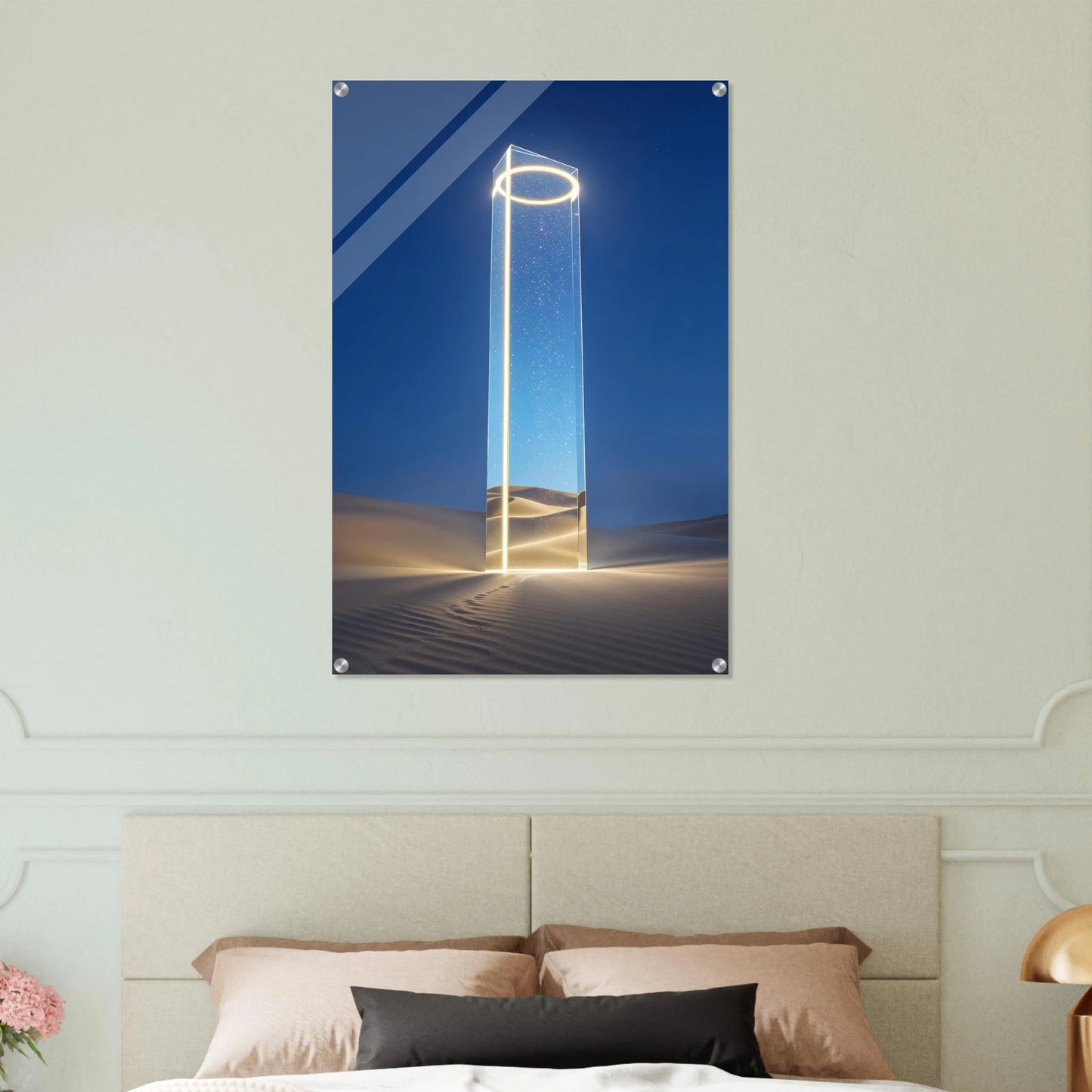 Decorative wall art of a futuristic portal in a bedroom setting