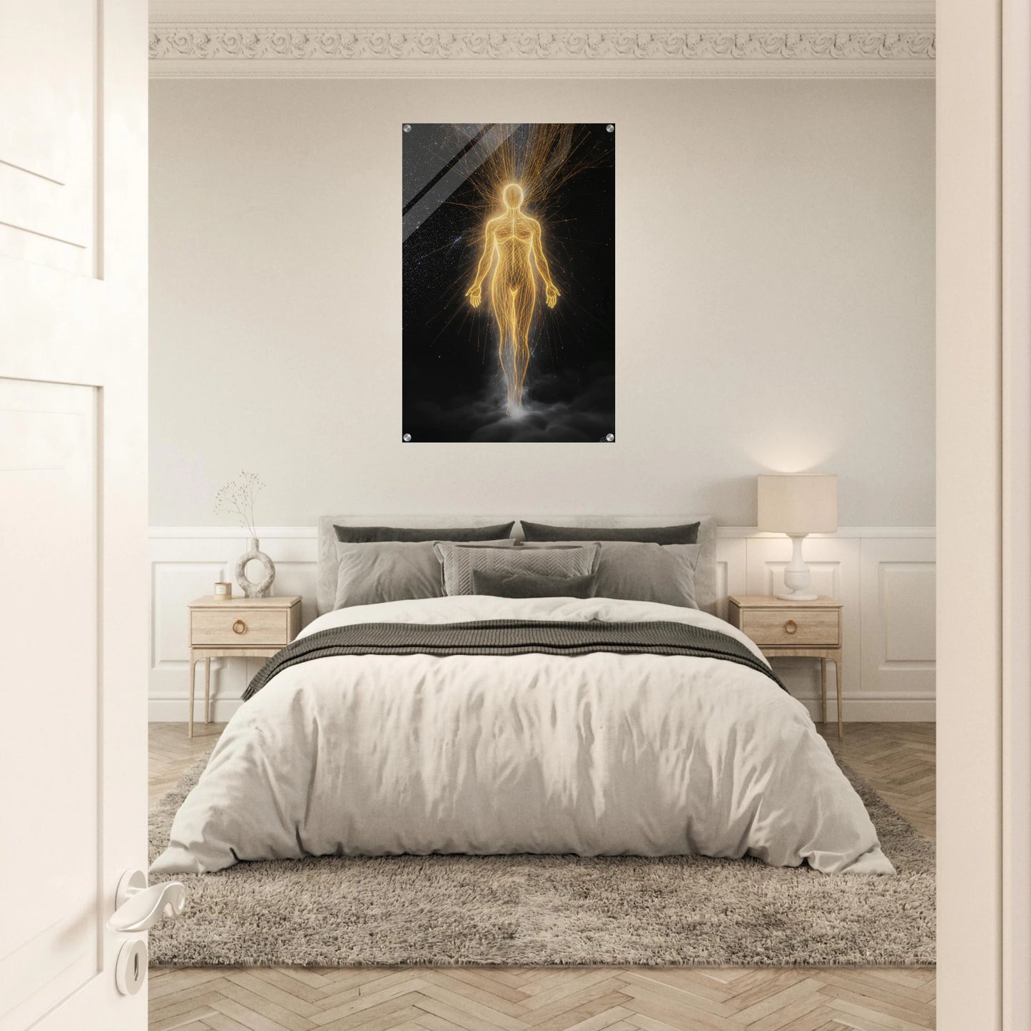 Bedroom with a poster of a glowing human figure on the wall