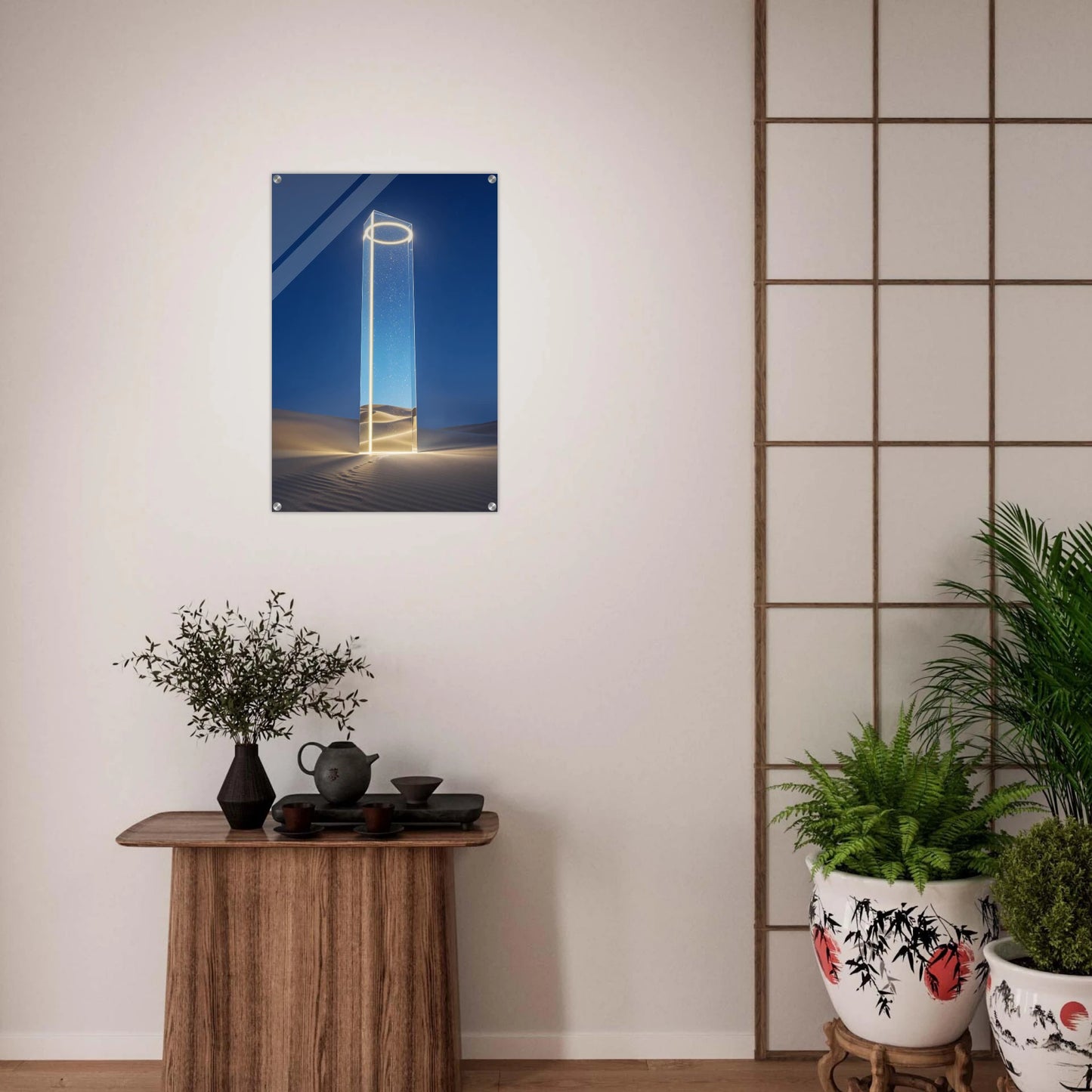 Modern interior with a wall art piece, wooden side table, and potted plants.