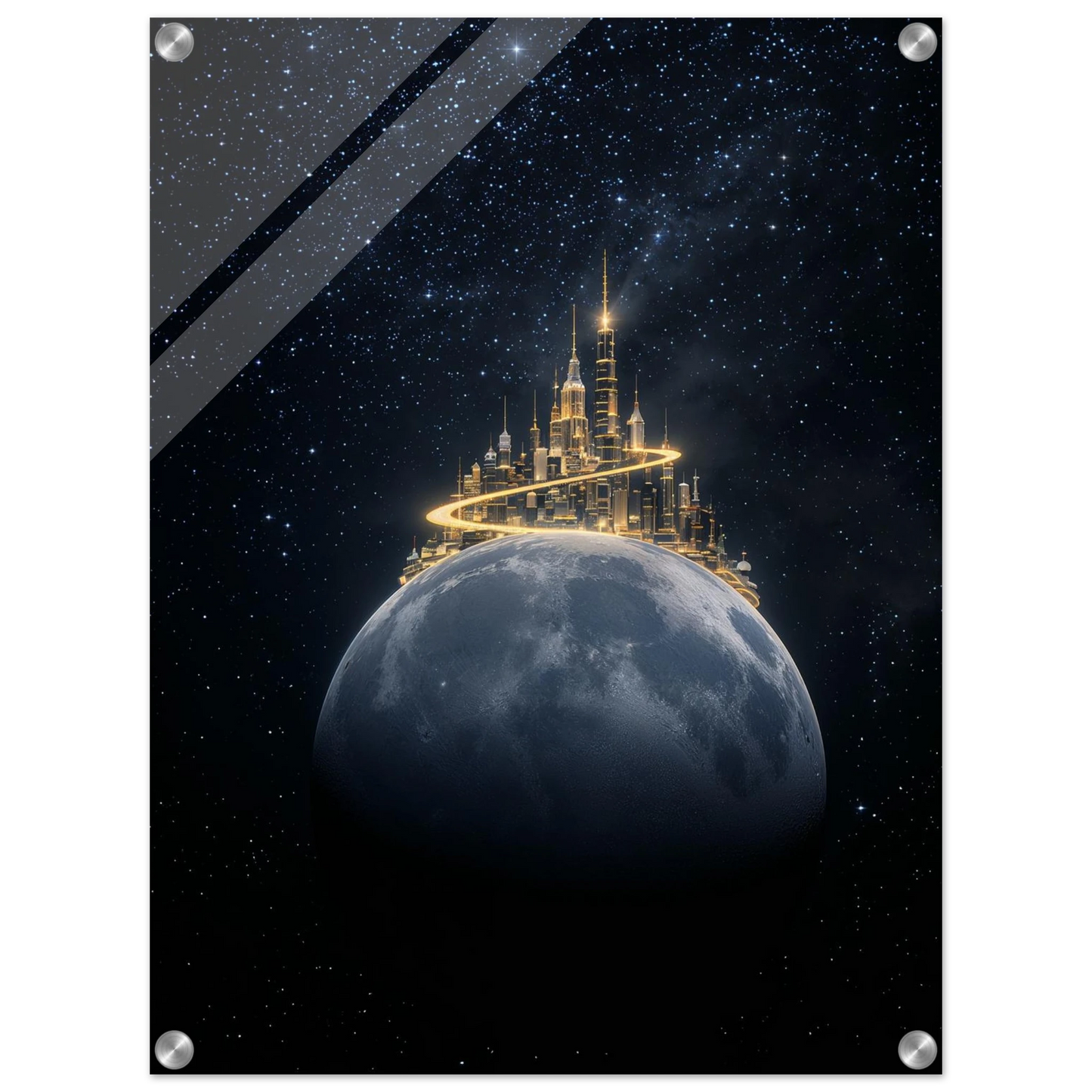 Futuristic city on a moon with a starry space background