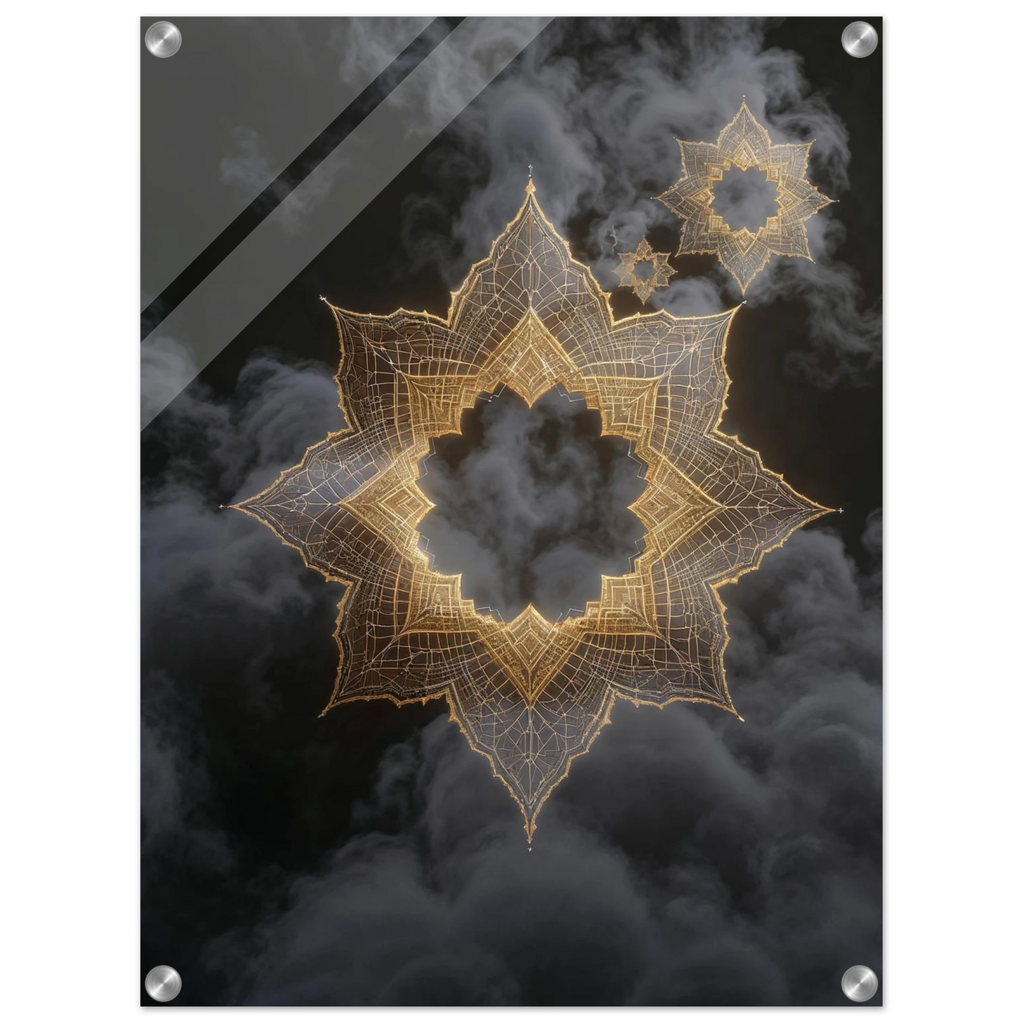 Decorative wall art with gold leaf pattern on a black background