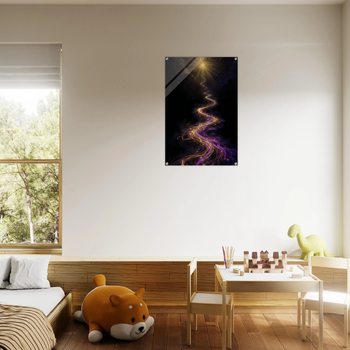 Modern room with a abstract wall art piece on a white wall.
