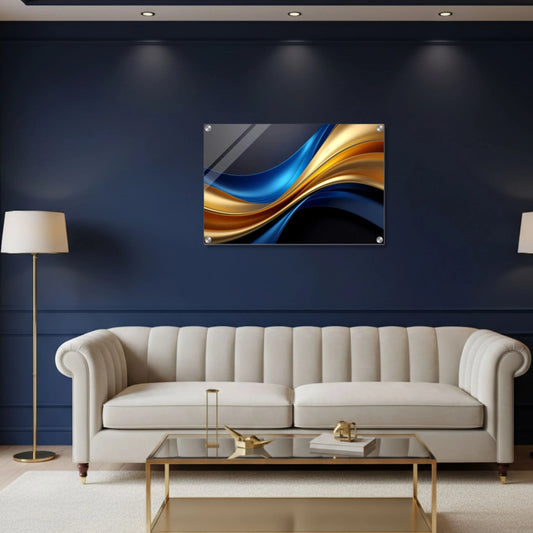 Modern living room with a white sofa, glass coffee table, and abstract wall art.