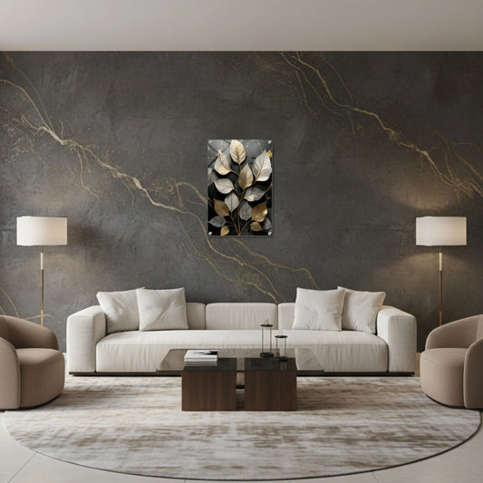 Modern living room with a gray sofa, coffee table, and decorative wall art.
