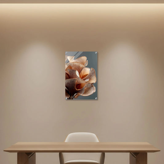 Decorative wall art of a floral design on a beige wall above a wooden table.
