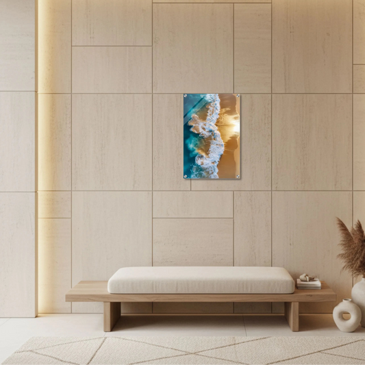 Modern interior with a wooden bench, abstract painting, and decorative vase against a light-colored wall.