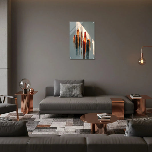 Modern living room with gray sofa, coffee table, and wall art.