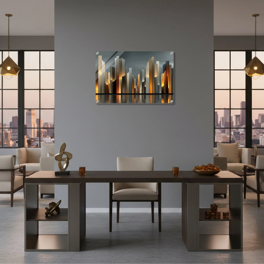 Modern dining room with a large mirror reflecting cityscape.