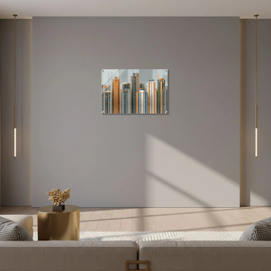 Modern living room with a cityscape painting on the wall