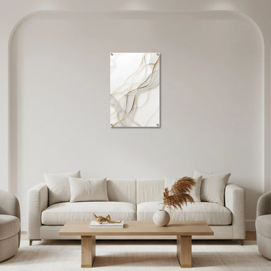 Modern living room with a beige sofa, coffee table, and abstract art on the wall.