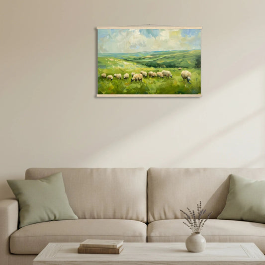 Emerald Pasture – Impressionist Sheep Landscape Canvas & Poster Wall Art