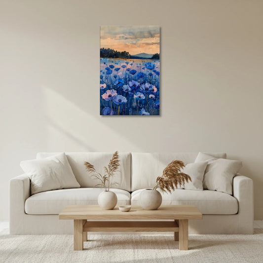 Living room with a white sofa, wooden coffee table, and a floral painting on the wall.