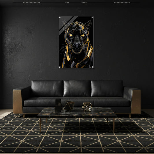 Geometric Black & Gold Panther – Acrylic Wall Art