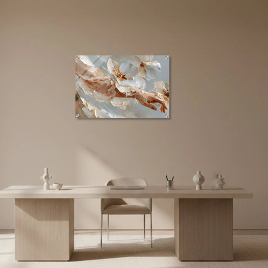 Modern interior with a minimalistic desk and chair against a beige wall with a abstract painting.