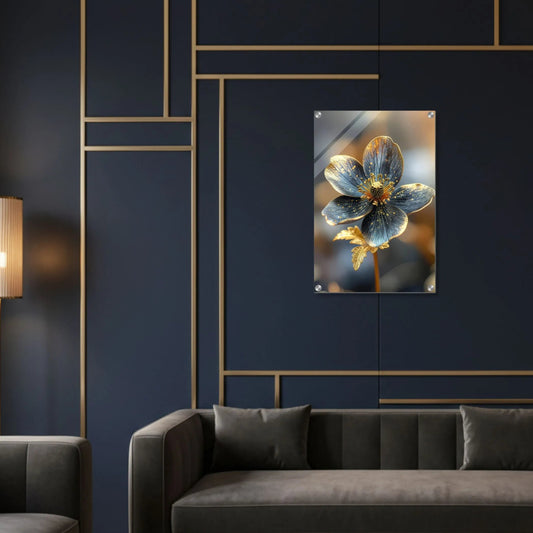 Modern living room with dark blue wall, gold accents, and a gray sofa.