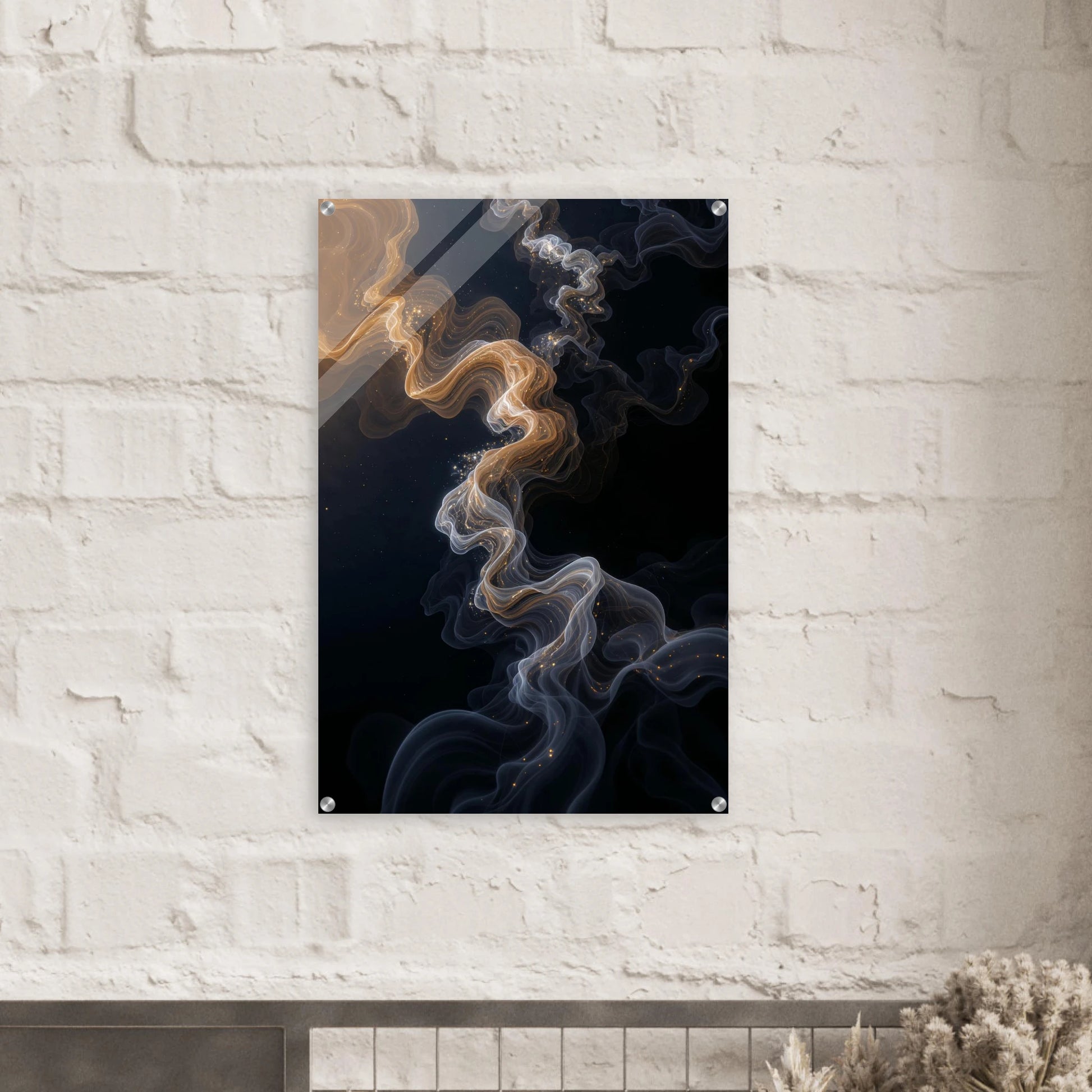 Abstract art print of swirling smoke-like patterns on a brick wall.