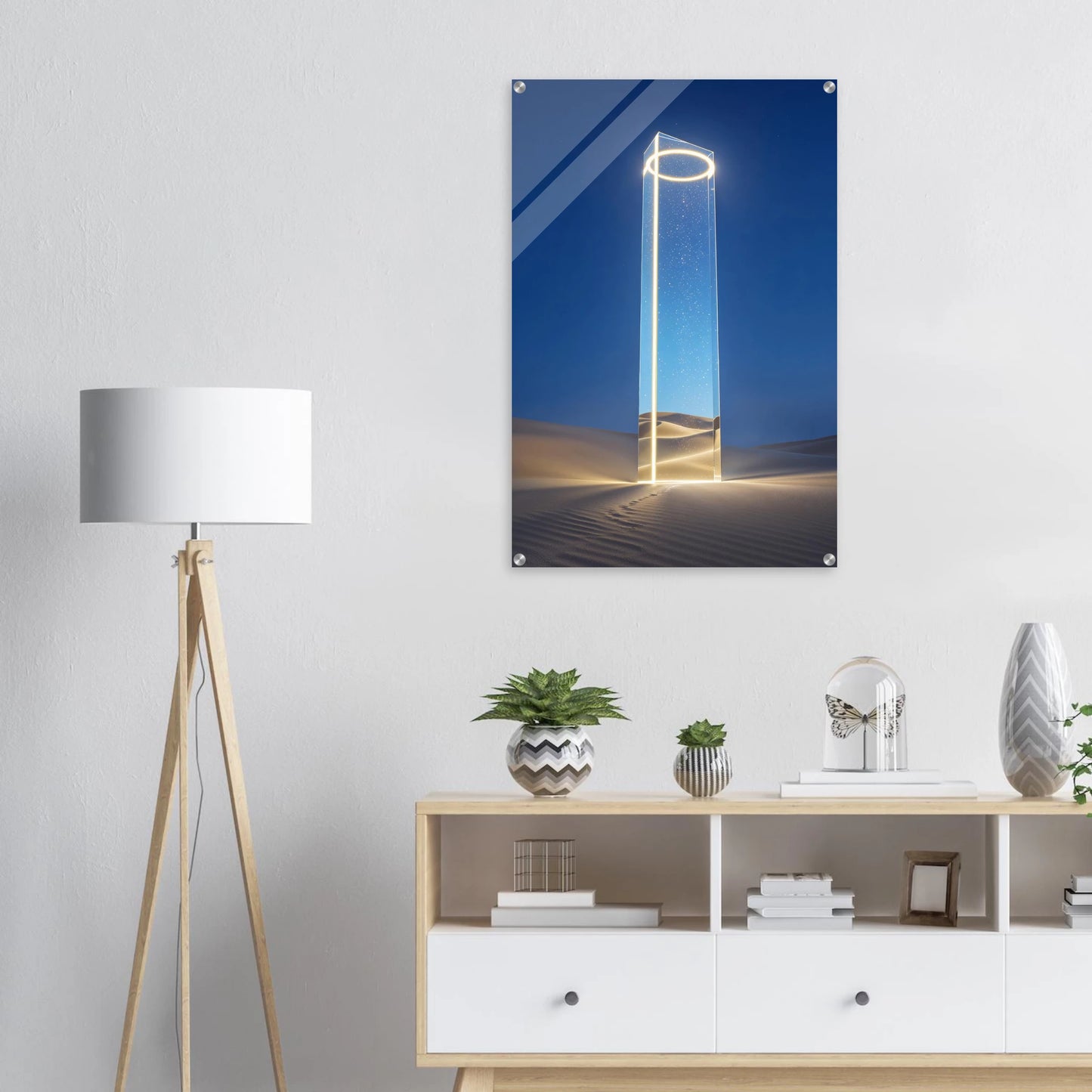 Modern interior with a wall poster of a futuristic tower in a desert, a floor lamp, and a cabinet with decorative items.