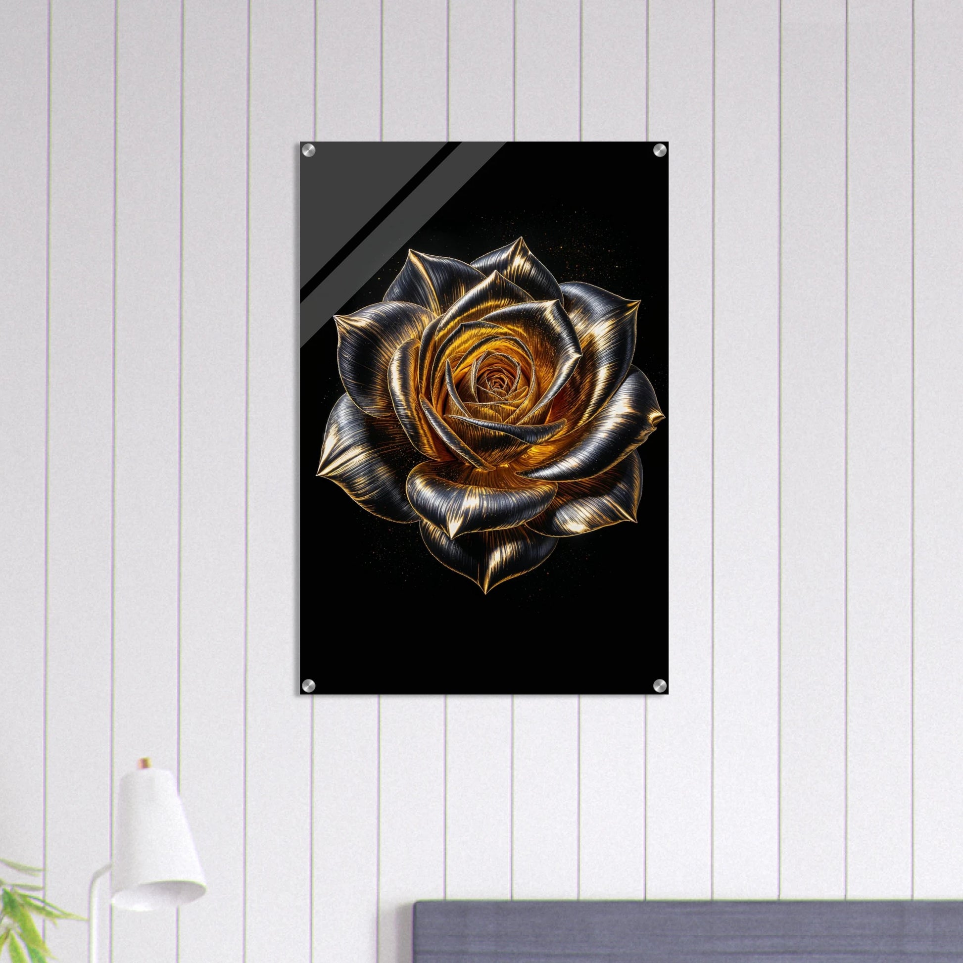 Decorative metal wall art of a rose on a black background, mounted on a white wall.