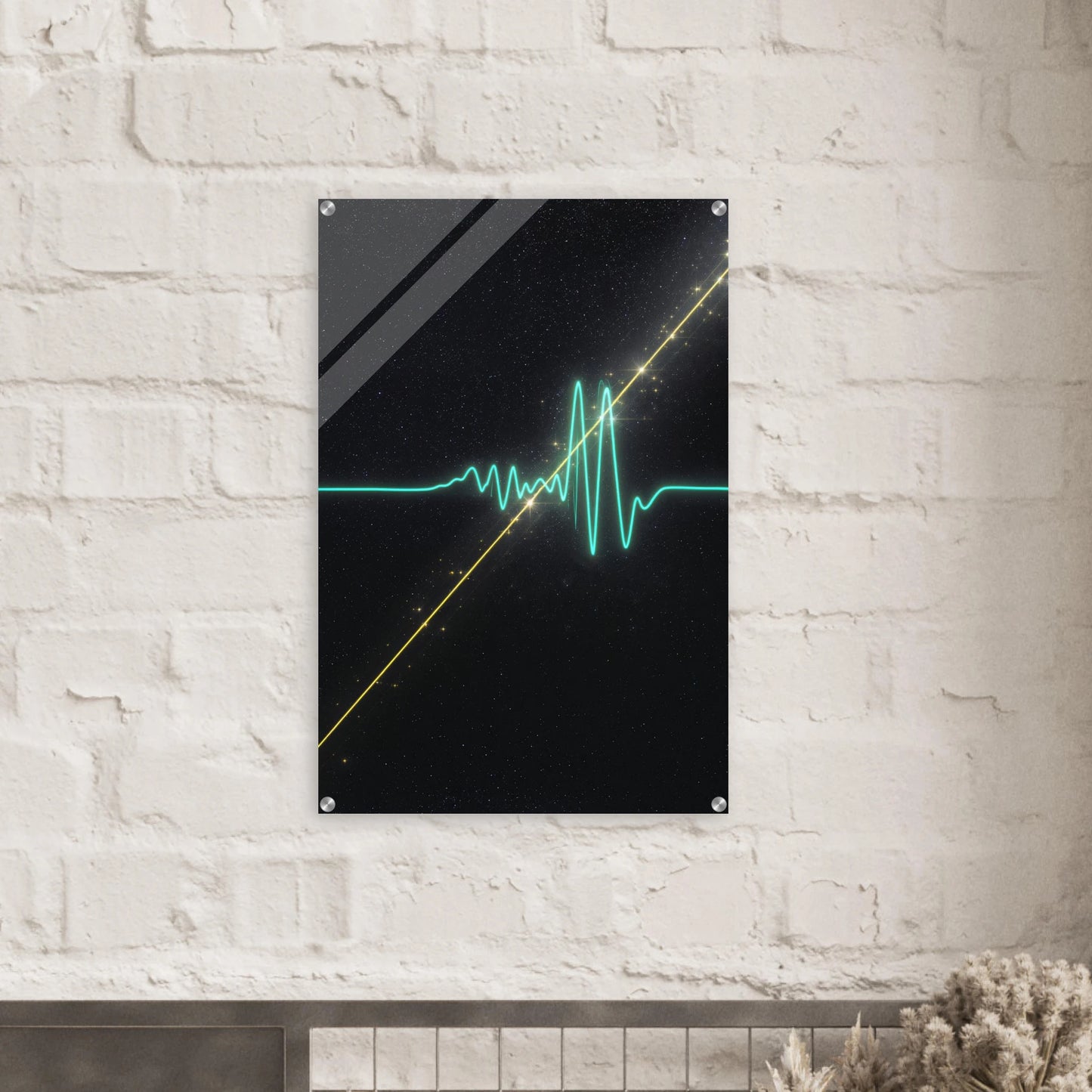 Futuristic design with a green line and yellow lines on a black background, mounted on a white brick wall.