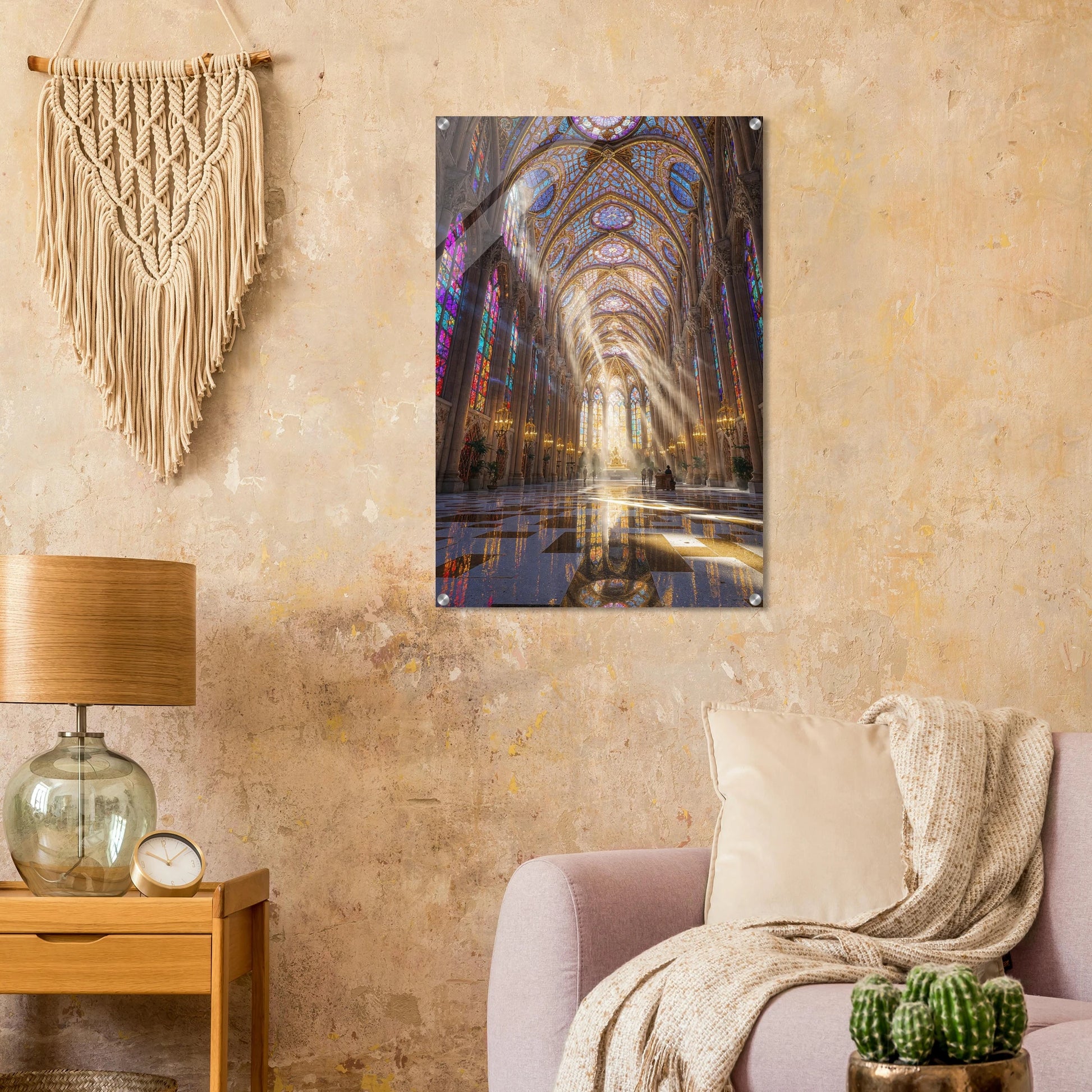 Living room with a wall art piece depicting a colorful architectural scene.