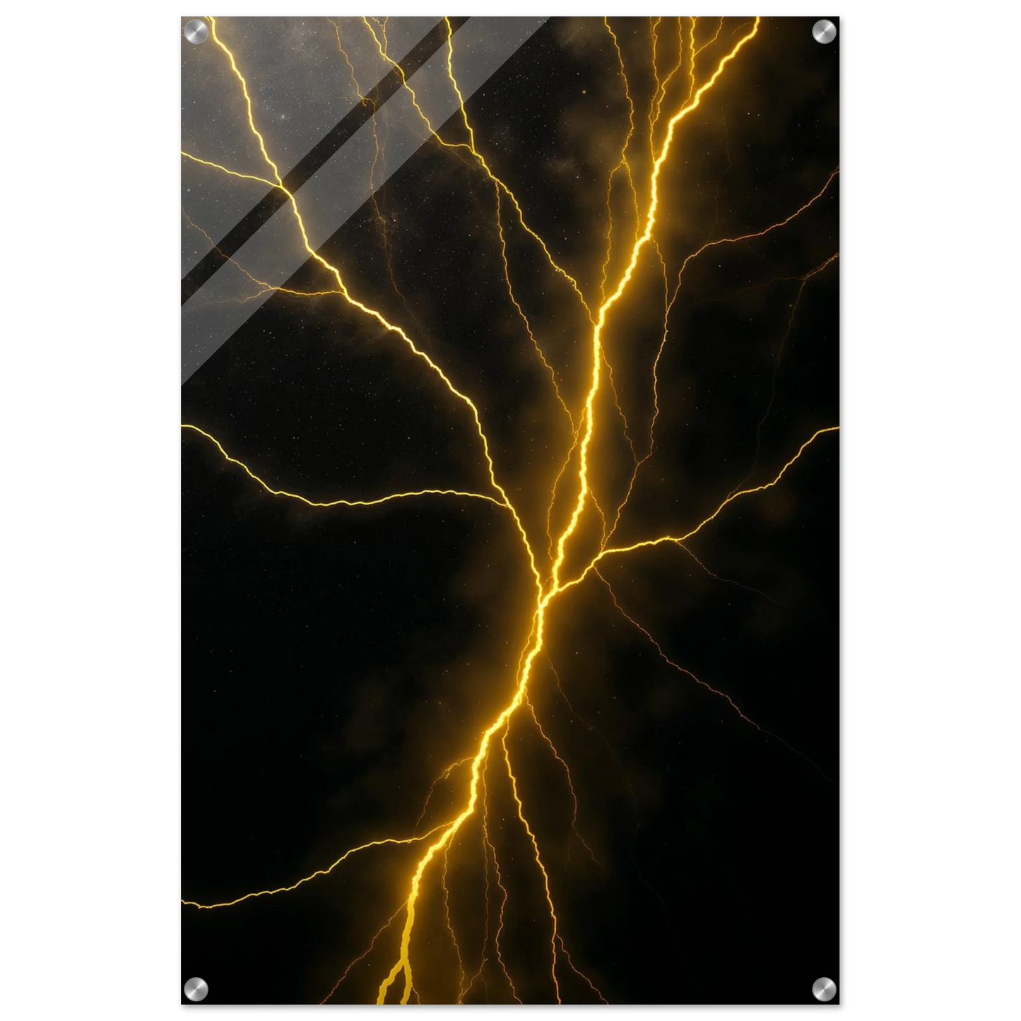 Art print of yellow lightning bolts on a black background