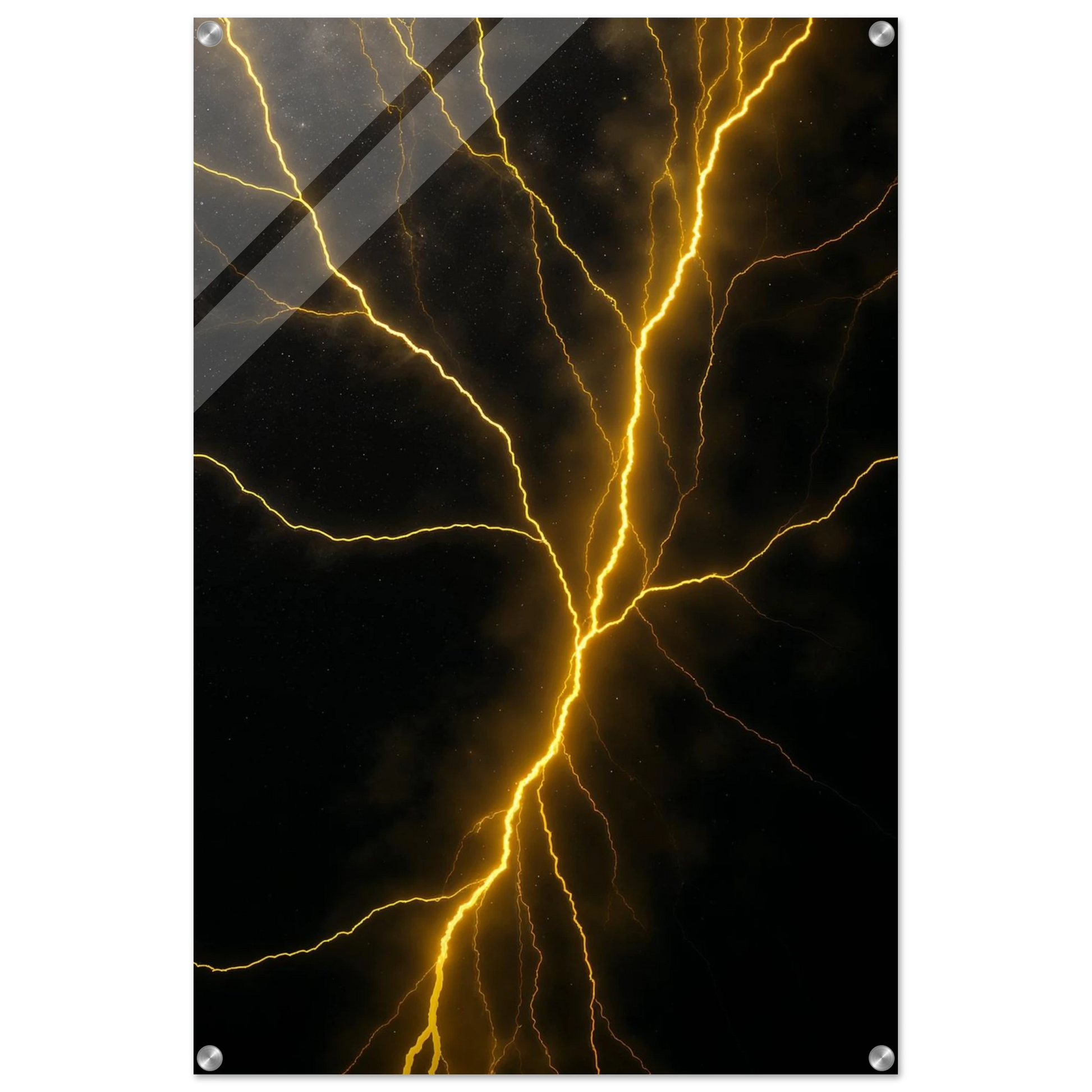 Art print of yellow lightning bolts on a black background
