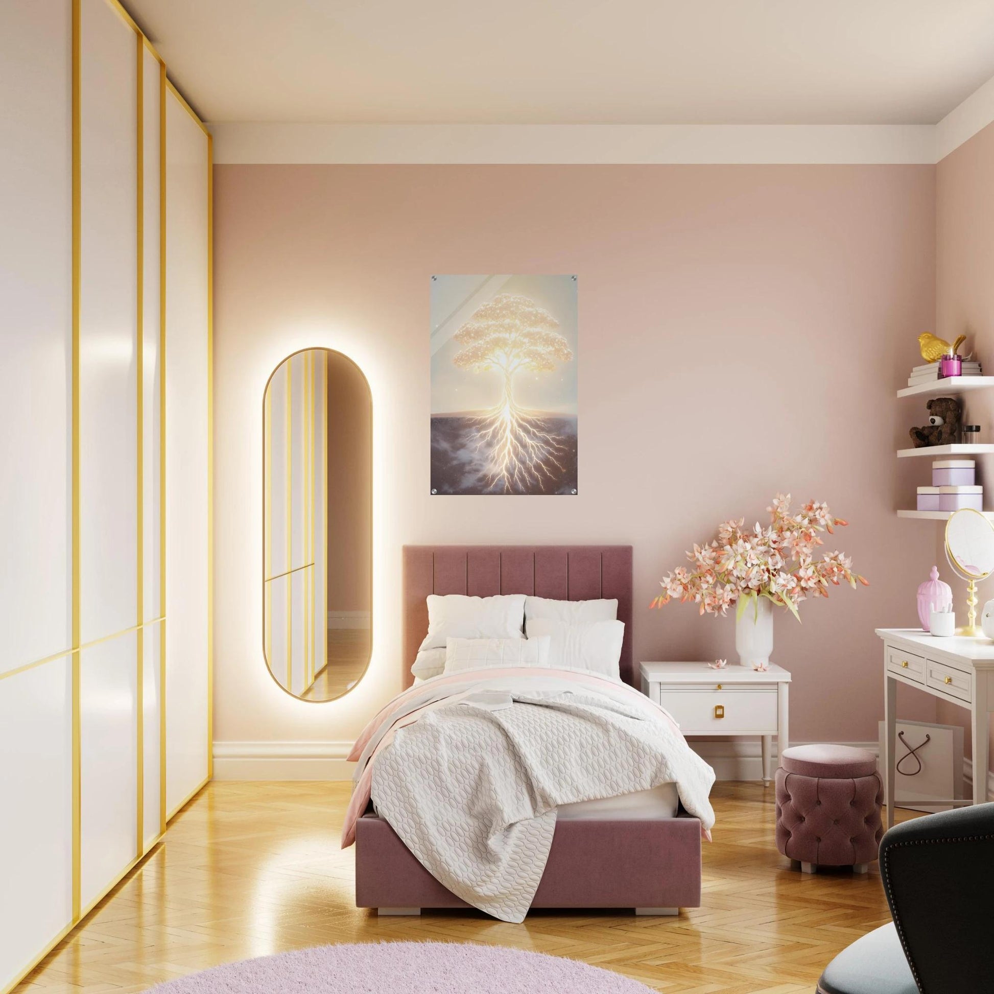 Modern bedroom with pink bed, mirror, and decor