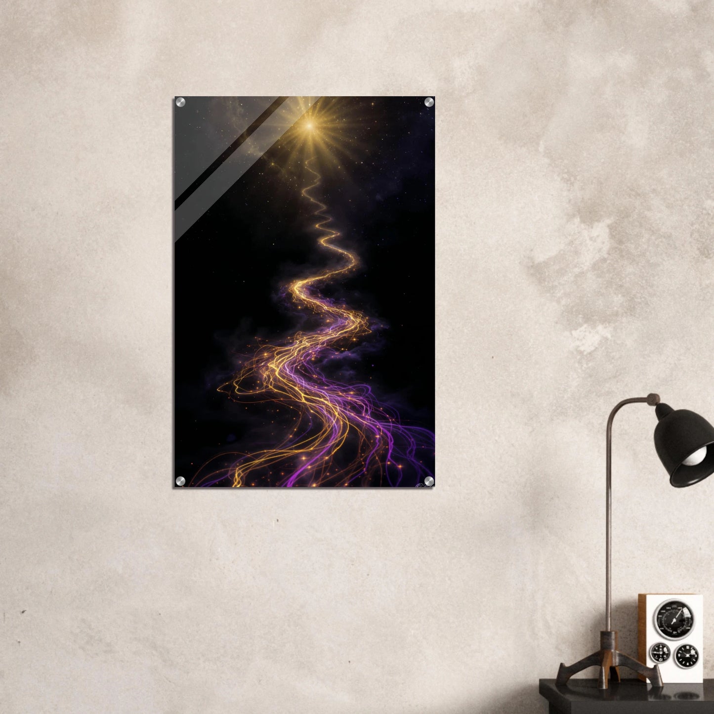 Abstract art print of a cosmic scene with wavy lights on a textured wall.